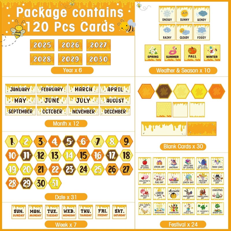 Sinload Classroom Calendar Pocket Chart Set Calendar Bulletin Board Set Seasons Festival Weather Pocket Chart for Classroom Decoration Back to School Supplies (Bee) - Image 2